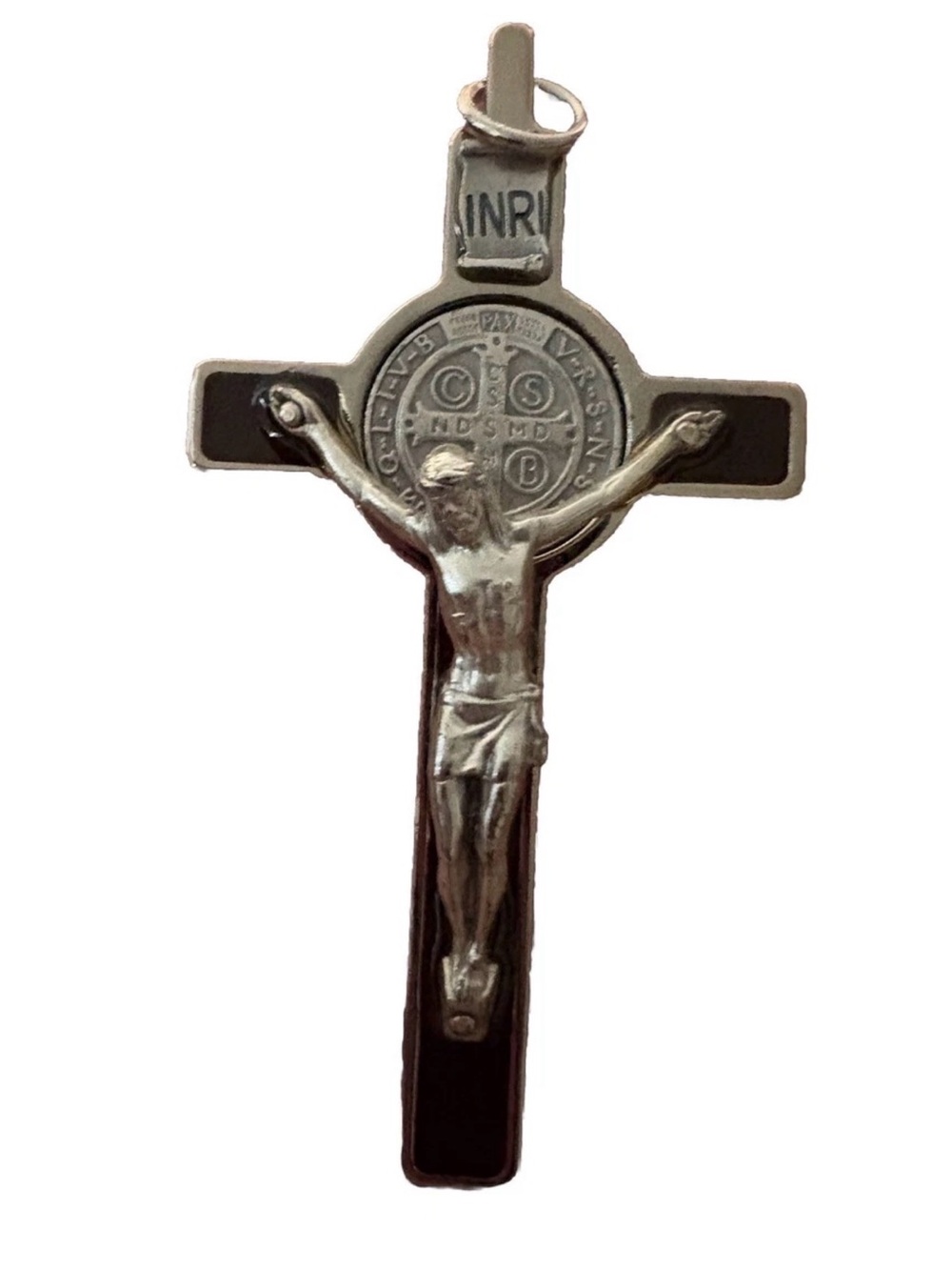 VTG 3.25” SAINT BENEDICT CRUCIFIX Medal Silver/Black Enamel Inlay ITALY Boxed